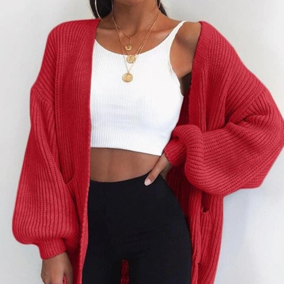 Oversized Red Mid Length Cardigan Sweater. www.imisca.jp